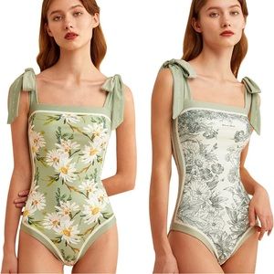 Double-Sided Floral One Piece Swimsuit Reversible Tie Shoulder Monokini